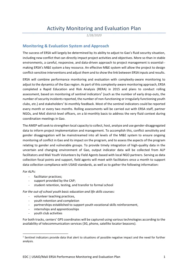 USAID/Mali ERSA Performance Monitoring and Evaluation Plan