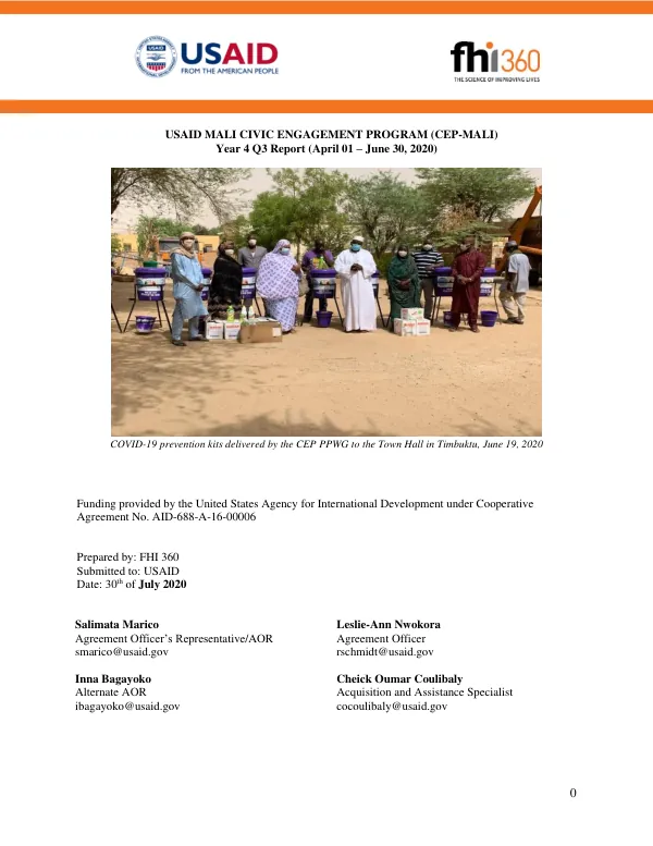 USAID Mali Civic Engagement Program (CEP-MALI) Year 4 Q3 Report (April 01 – June 30, 2020)
