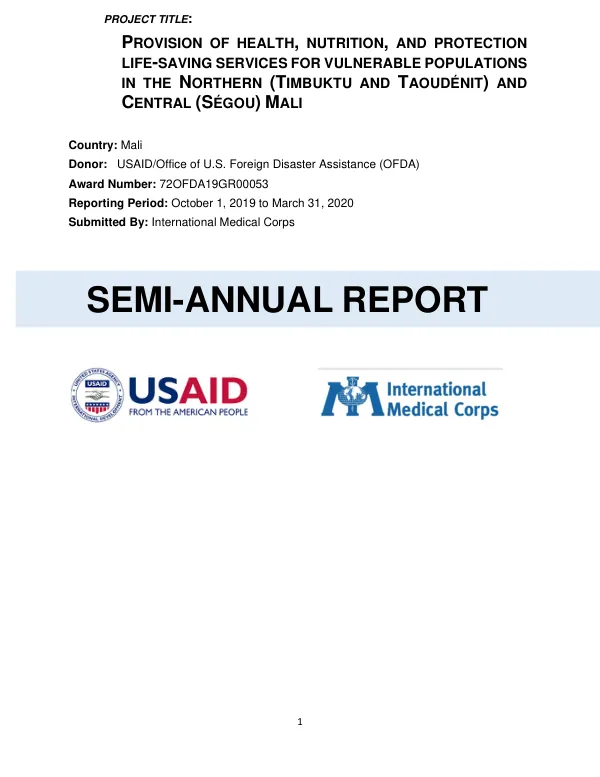 Provision of Health, Nutrition, and Protection Life-Saving Services for Vulnerable Populations in the Northern (Timbuktu and Taoudénit) and Central (Ségou) Mali