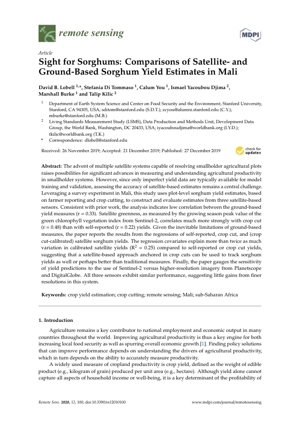 Sight for Sorghums: Comparisons of Satellite- and Ground-Based Sorghum Yield Estimates in Mali