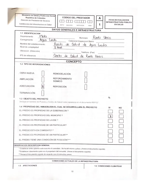 Ficha de Evaluación de Infraestructura Pública en Salud: Puesto de Salud de Agua Linda