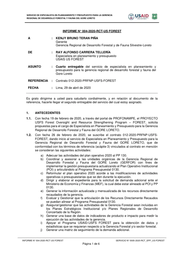 Servicio de Especialista en Planeamiento y Presupuesto para la Gerencia Regional de Desarrollo Forestal y Fauna del Gore Loreto