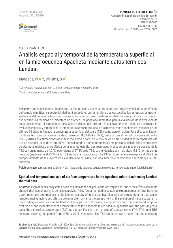 Spatial and temporal analysis of surface temperature in the Apacheta micro-basin using Landsat thermal data