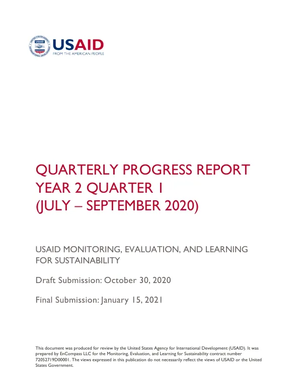 USAID Monitoring, Evaluating and Learning for Sustainability Quarterly Progress Report