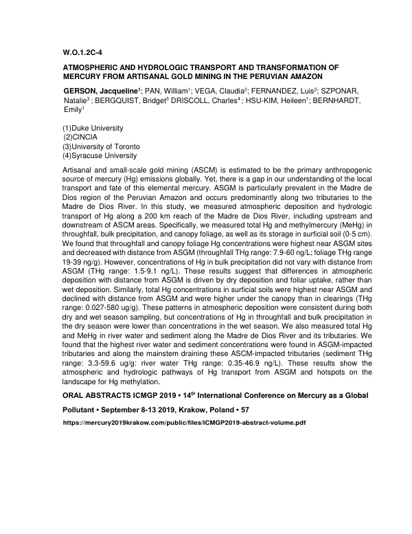 Atmospheric and Hydrologic Transport and Transformation of Mercury from Artisanal Gold Mining in the Peruvian Amazon