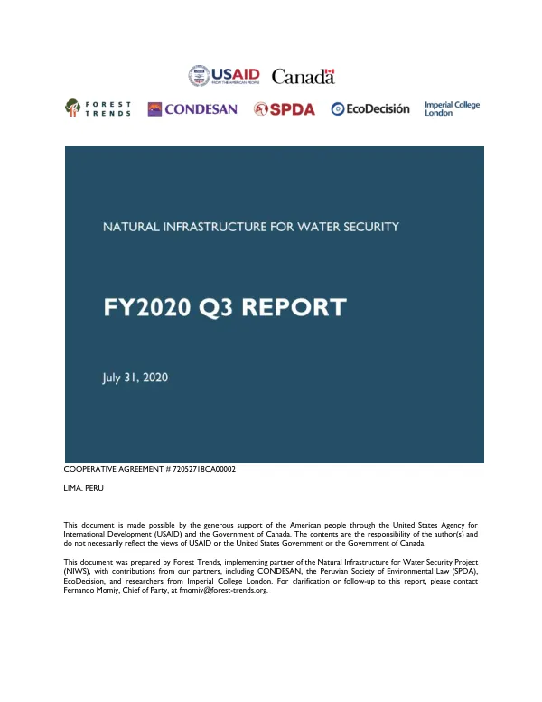 Cooperative Agreement # 72052718CA00002: Natural Infrastructure for Water Security Project in Peru