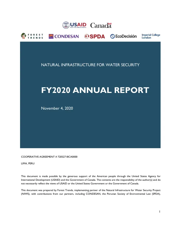 Natural Infrastructure for Water Security Project FY2020 Annual Report