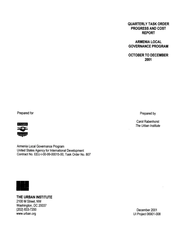 Quarterly task order progress and cost report : Armenia local governance program -- October to December 2001