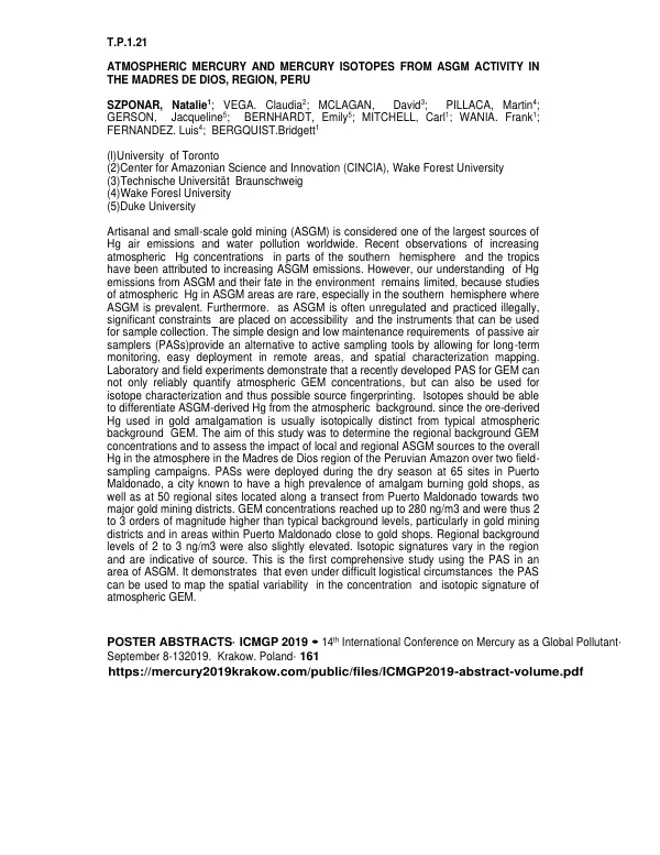 ATMOSPHERIC MERCURY AND MERCURY ISOTOPES FROM ASGM ACTIVITY IN THE MADRES DE DIOS, REGION, PERU