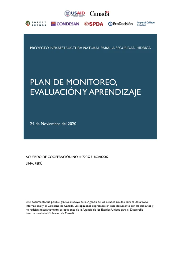 Plan de Monitoreo, Evaluación y Aprendizaje para el Proyecto de Infraestructura Natural para la Seguridad Hídrica
