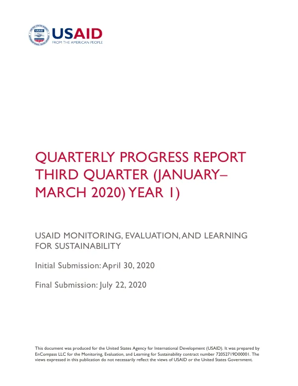 USAID Monitoring, Evaluating and Learning for Sustainability Quarterly Progress Report