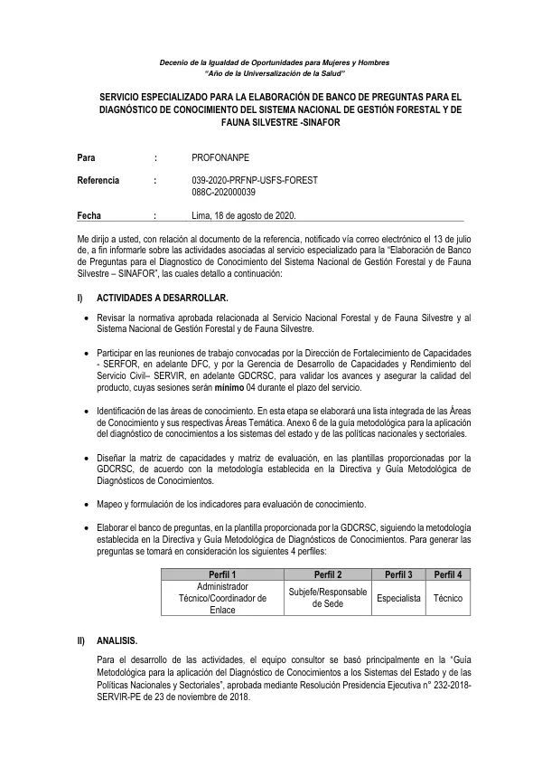 Servicio Especializado para la Elaboración de Banco de Preguntas para el Diagnóstico de Conocimiento del Sistema Nacional de Gestión Forestal y de Fauna Silvestre - SINAFOR