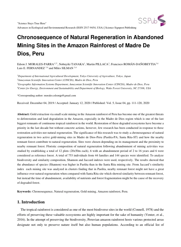 Chronosequence of Natural Regeneration in Abandoned Mining Sites in the Amazon Rainforest of Madre De Dios, Peru