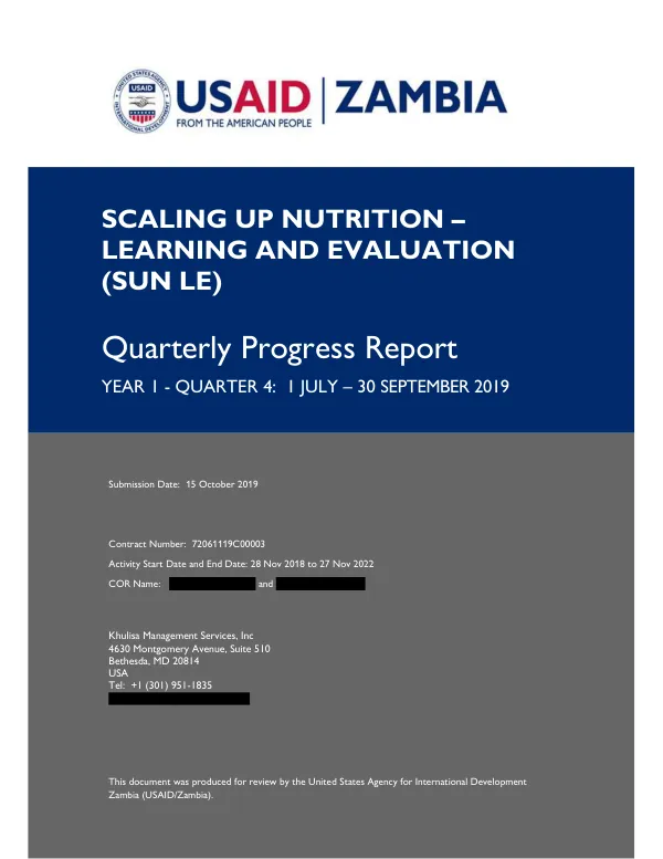 USAID/Zambia Scaling Up Nutrition Learning and Evaluation (SUN LE) Quarterly Progress Report Year 1 - Quarter 4