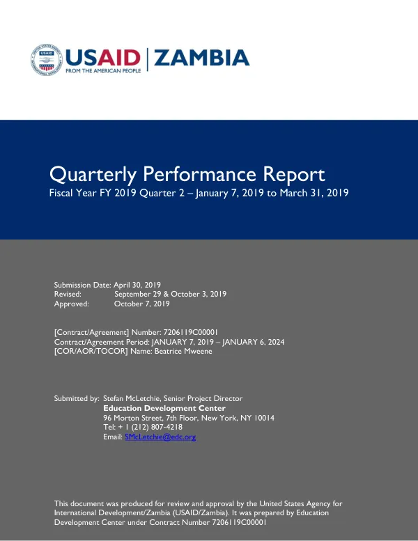 Quarterly Performance Report: Fiscal Year FY 2019 Quarter 2 – January 7, 2019 to March 31, 2019