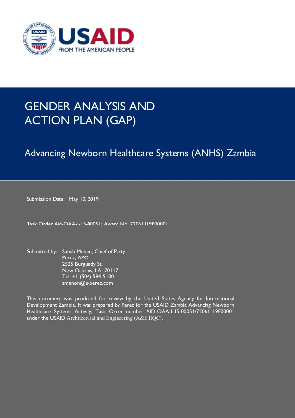 Gender Analysis and Action Plan (GAP) for Advancing Newborn Healthcare Systems (ANHS) Zambia