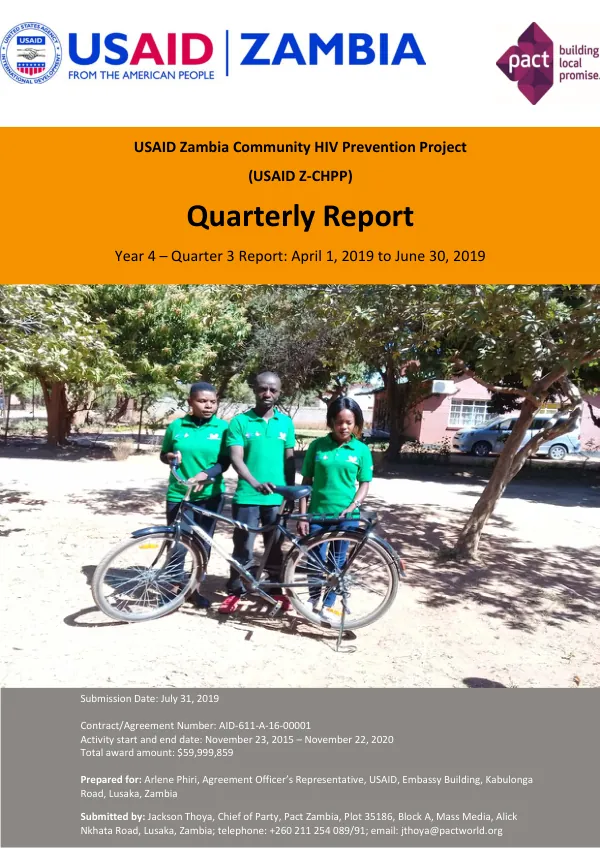 USAID Zambia Community HIV Prevention Project Quarterly Report Year 4 – Quarter 3 Report: April 1, 2019 to June 30, 2019