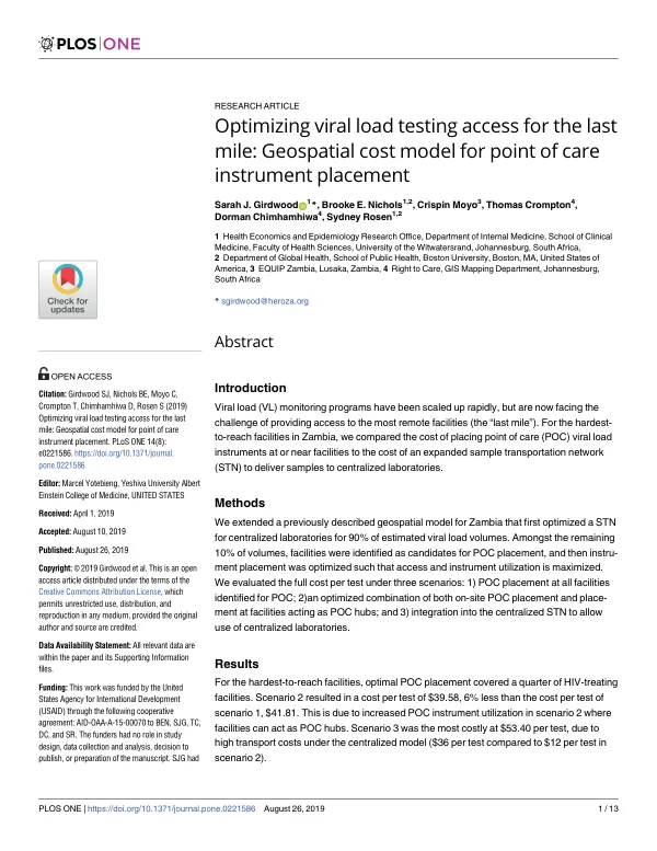 Optimizing viral load testing access for the last mile: Geospatial cost model for point of care instrument placement