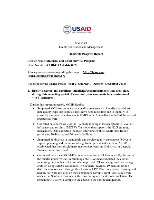 Quarterly Progress Report: Maternal and Child Survival Program