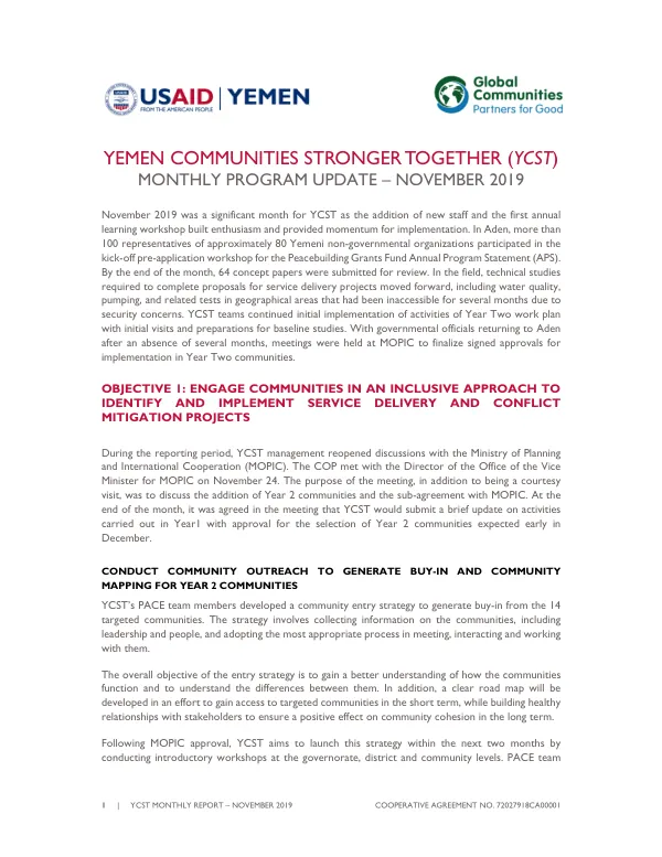 Yemen Communities Stronger Together (YCST) Monthly Program Update – November 2019