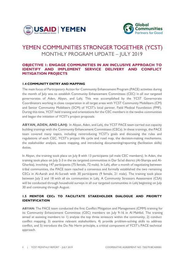 YCST MONTHLY REPORT – JULY 2019