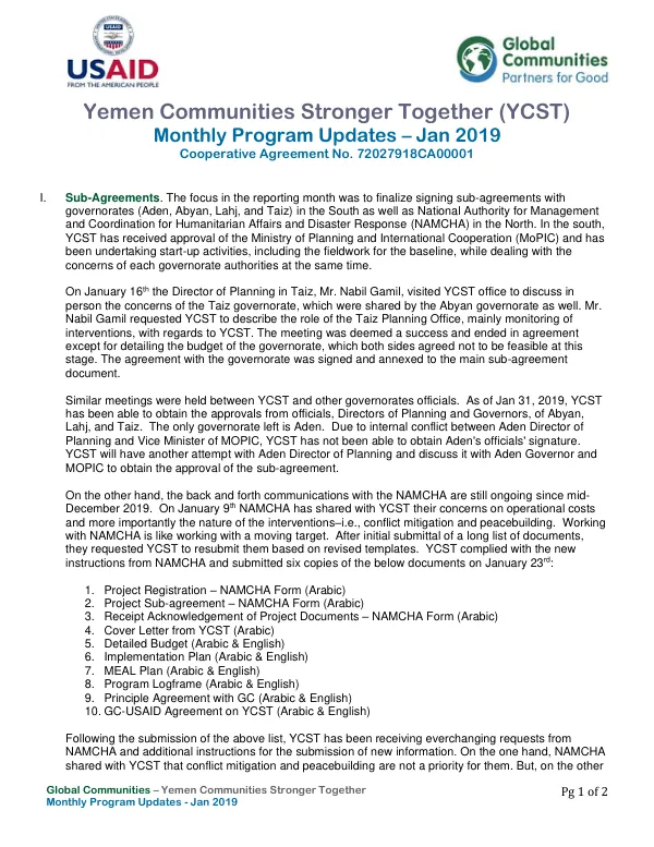 Monthly Program Updates - Jan 2019: Yemen Communities Stronger Together