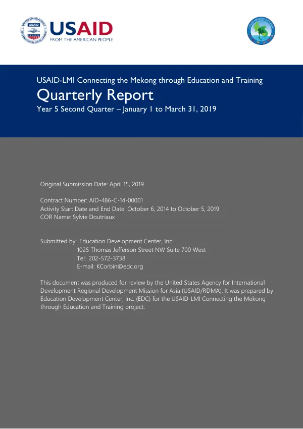 USAID-LMI Connecting the Mekong through Education and Training Quarterly Report Year 5 Second Quarter – January 1 to March 31, 2019