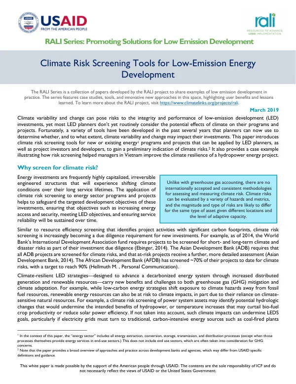 Climate Risk Screening Tools for Low-Emission Energy Development