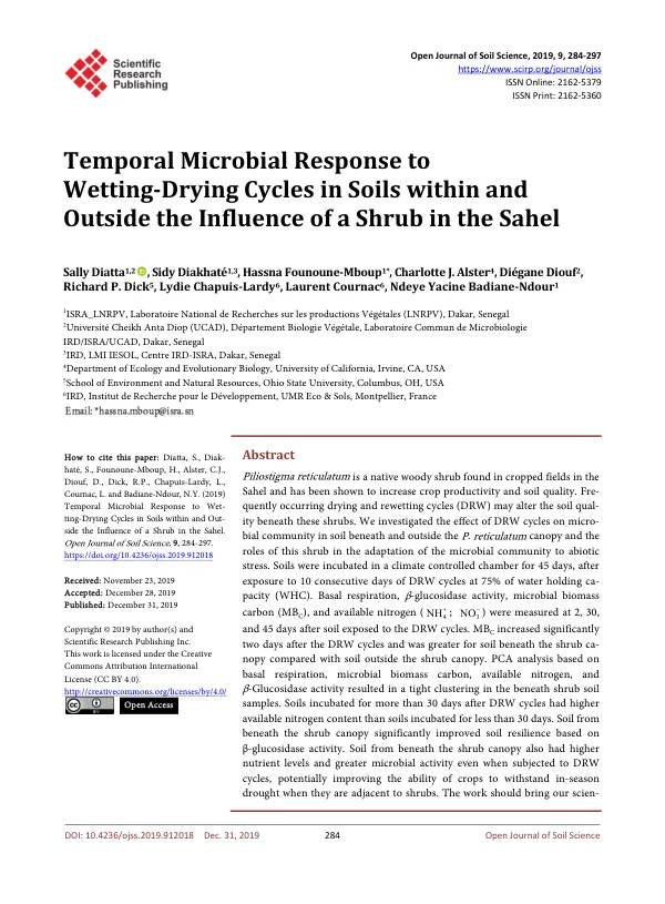 Temporal Microbial Response to Wetting-Drying Cycles in Soils within and Outside the Influence of a Shrub in the Sahel