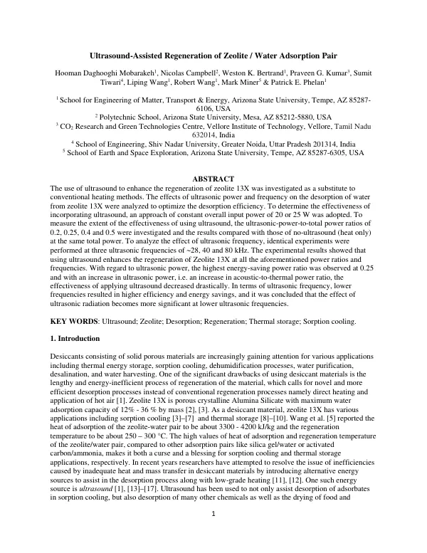 Ultrasound-Assisted Regeneration of Zeolite / Water Adsorption Pair