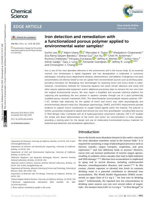 Iron detection and remediation with a functionalized porous polymer applied to environmental water samples