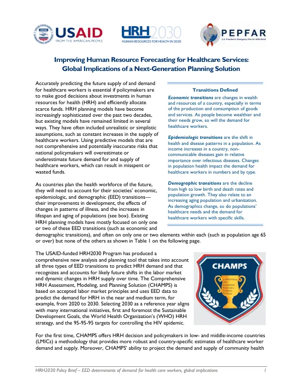 HRH2030 Policy Brief – EED determinants of demand for health care workers, global implications