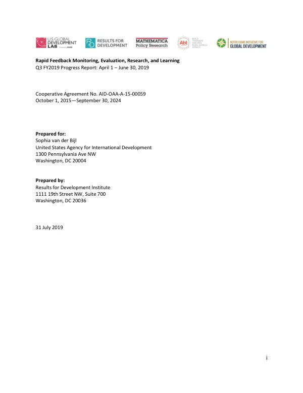 Rapid Feedback Monitoring, Evaluation, Research, and Learning Q3 FY2019 Progress Report: April 1 – June 30, 2019