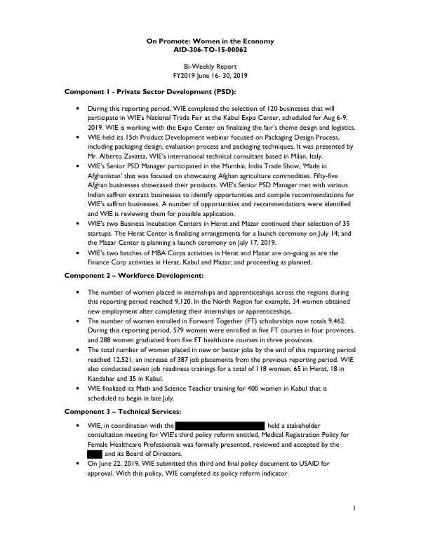 Women in the Economy: Bi-Weekly Report FY2019 June 16- 30, 2019