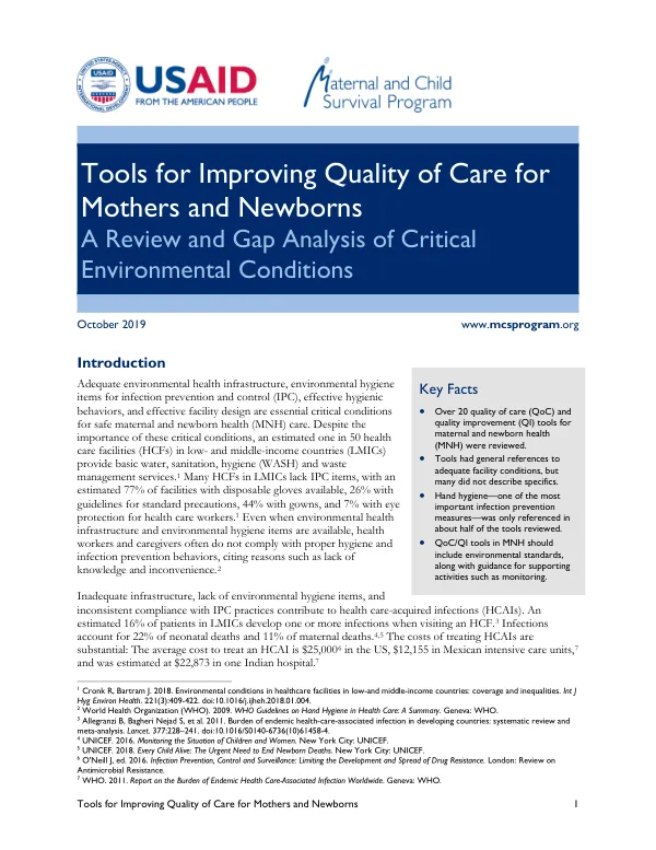 Tools for Improving Quality of Care for Mothers and Newborns: A Review and Gap Analysis of Critical Environmental Conditions