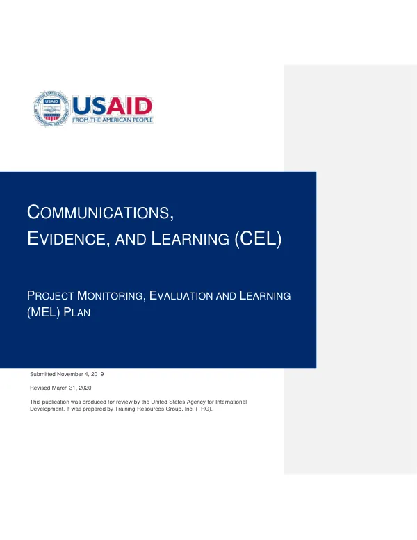 Project Monitoring, Evaluation and Learning (MEL) Plan for Communications, Evidence, and Learning (CEL)