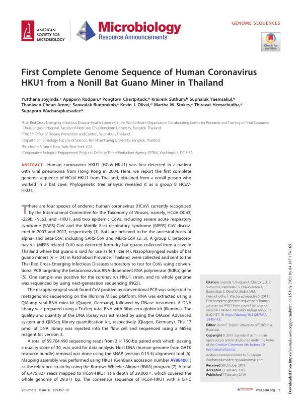 First Complete Genome Sequence of Human Coronavirus HKU1 from a Nonill Bat Guano Miner in Thailand