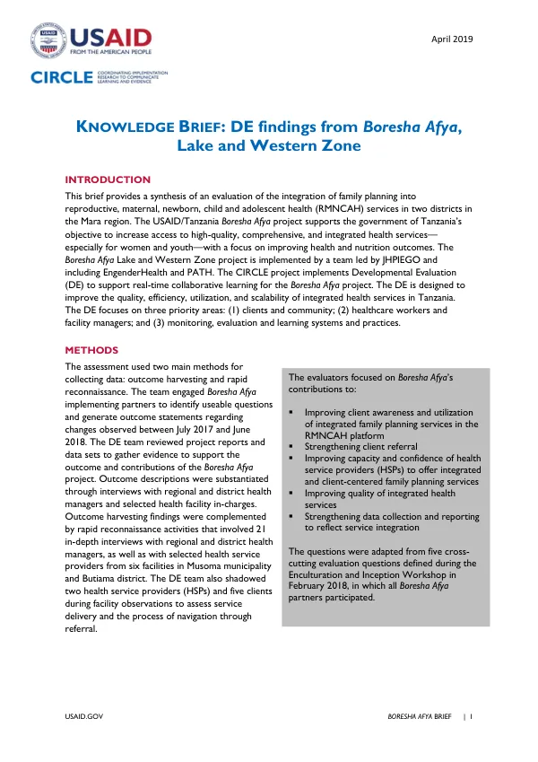 Boresha Afya Brief: DE Findings from Boresha Afya, Lake and Western Zone