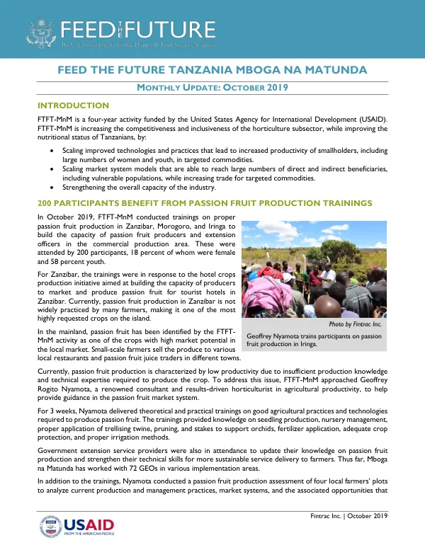 Feed the Future Tanzania Mboga na Matunda Monthly Update: October 2019