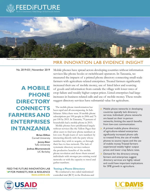 Testing a Phone Directory: Impacts of a Printed Mobile Phone Directory on Small-Scale Farmers and Agriculture-Related Enterprises in Tanzania