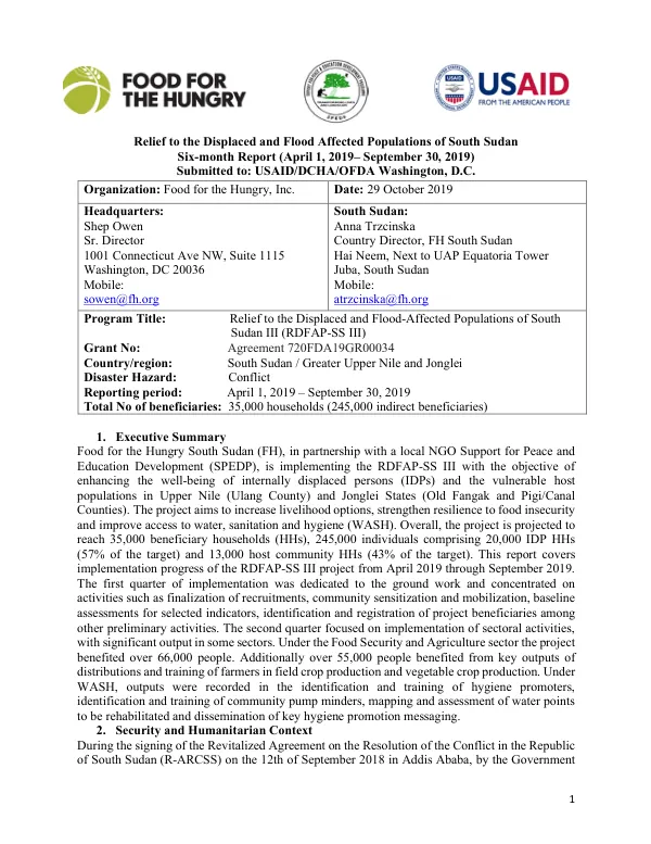 Relief to the Displaced and Flood Affected Populations of South Sudan Six-month Report (April 1, 2019– September 30, 2019)