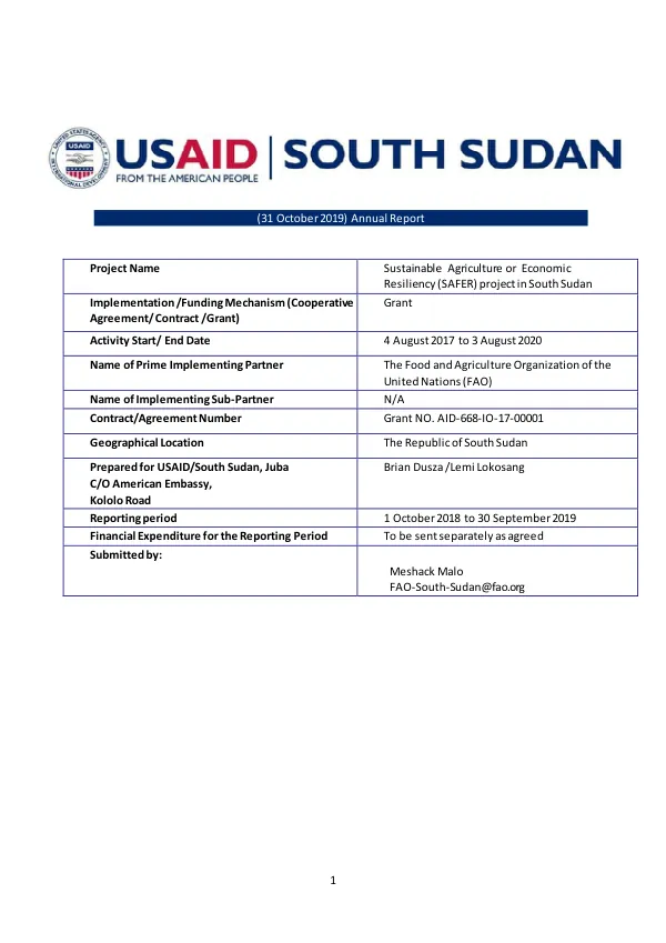 Annual Report: Sustainable Agriculture for Economic Resiliency (SAFER) project in South Sudan