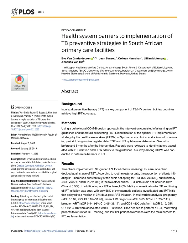 Health system barriers to implementation of TB preventive strategies in South African primary care facilities