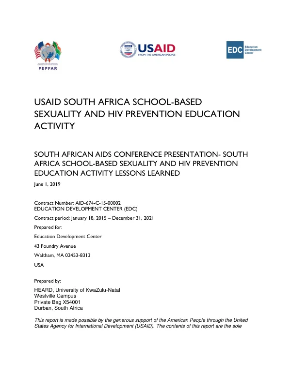 South Africa School-Based Sexuality and HIV Prevention Education Activity Lessons Learned