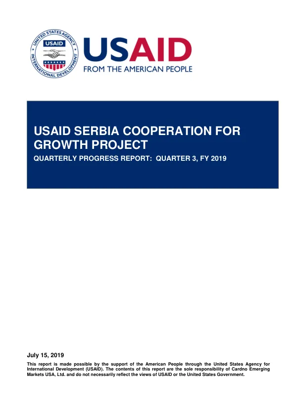 USAID Serbia Cooperation for Growth Project Quarterly Progress Report: Quarter 3, FY 2019