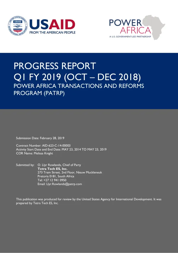 Progress Report Q1 FY 2019: Power Africa Transactions and Reforms Program (PATRP)