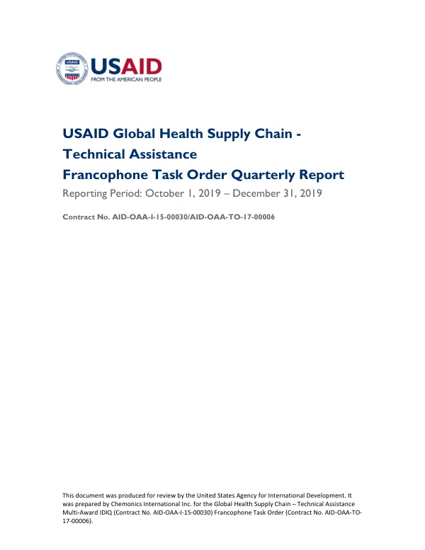 USAID Global Health Supply Chain - Technical Assistance Francophone Task Order Quarterly Report