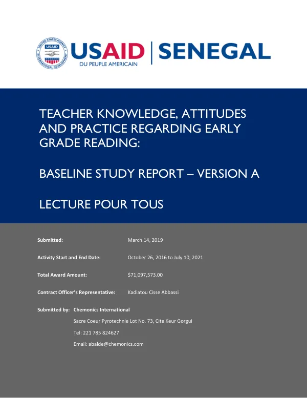 Teacher Knowledge, Attitudes, and Practice Regarding Early Grade Reading: Baseline Study Report – Version A
