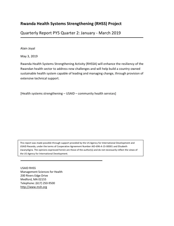Rwanda Health Systems Strengthening (RHSS) Project Quarterly Report PY5 Quarter 2: January - March 2019