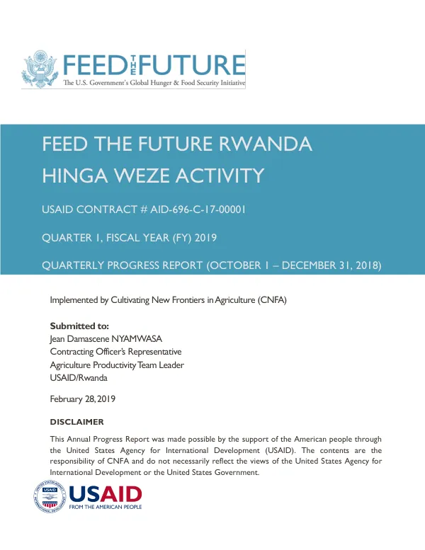 Quarterly Progress Report: Hinga Weze Activity, Feed the Future Rwanda
